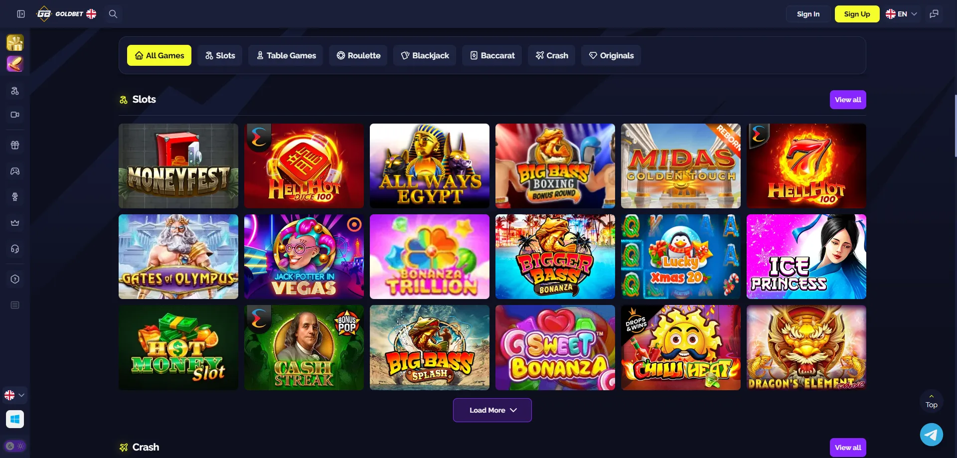 Giochi di slot e live casino su Goldbet.io — catalogo completo