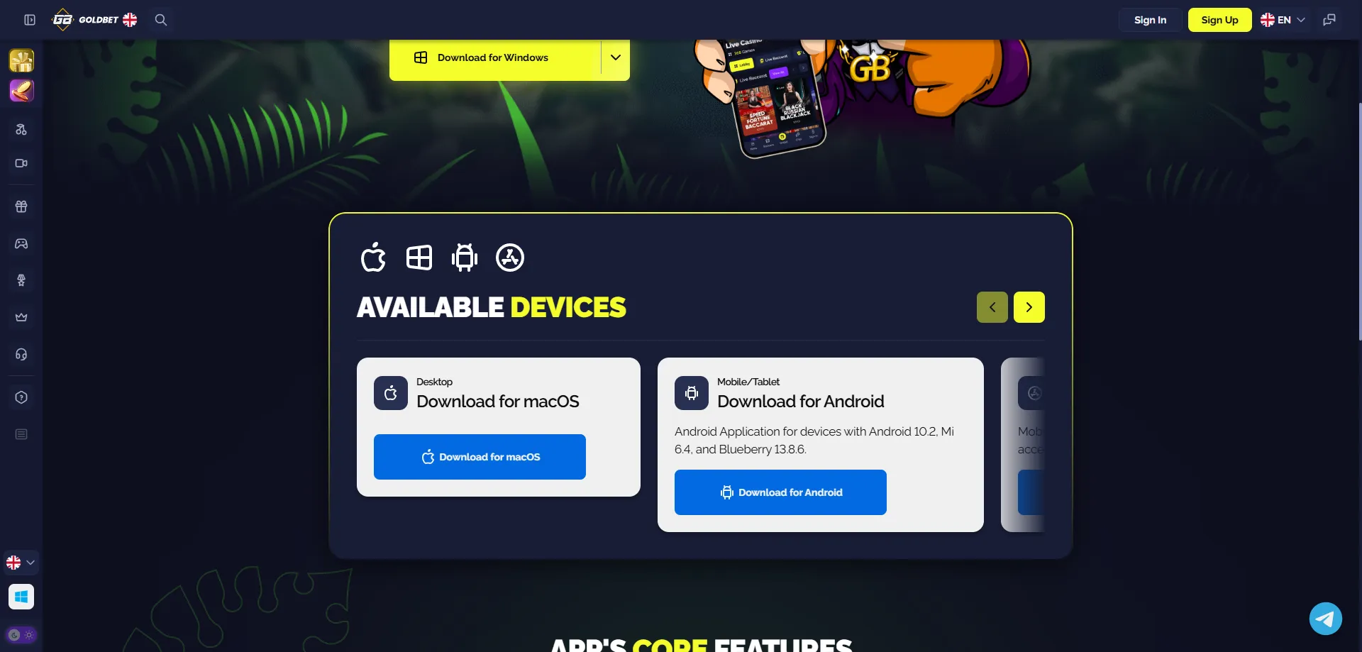 App mobile Goldbet.io per Android e iOS — gioca ovunque